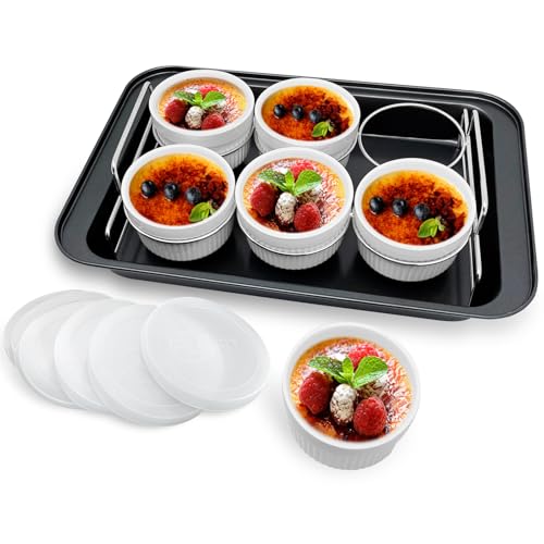Auflaufförmchen-Set mit 6 Silikon-Deckeln, Creme Brulee Making Set, 304 Edelstahl Hebegestell und 25,5 x 37,3 cm Boden-Backform, Set mit 6 Porzellan (Weiß) von PLSFIT
