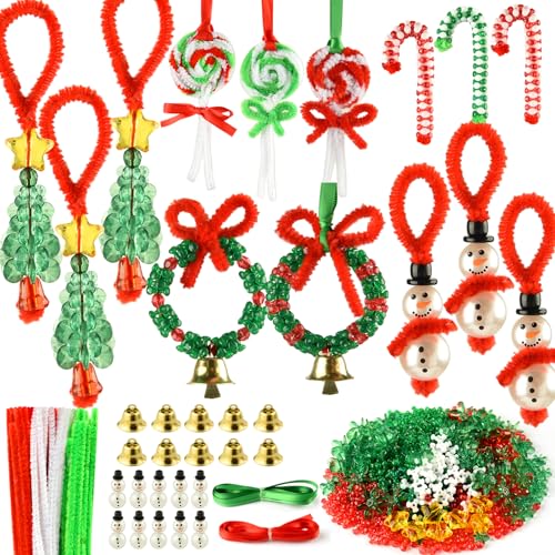 PLULON 60 Sets Weihnachts-Bastelarbeiten für Kinder Weihnachts-Perlen-Ornament-Set Tri-Perlen mit Pfeifenreinigern Bastelperlen Kranz Schneemann Zuckerstange Weihnachtsparty Baum-Hängedekorationen von PLULON