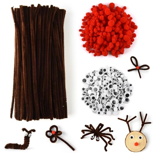 PLULON 922 teiliges Weihnachts-Pfeifenreiniger-Bastelset, braune Pfeifenreiniger, Chenille-Stiele mit roten Pompons, Kulleraugen, für Weihnachts-DIY-Bastelbedarf von PLULON