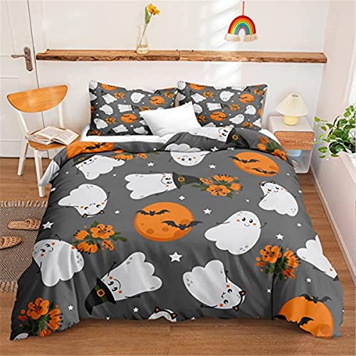 Graues Halloween-Bettbezug-Set für Kinder Jungen Mädchen Bettwäsche-Set Kawaii-Geist Fledermaus Bedruckte Mikrofaser-Halloween-Bettwäsche Königin mit 2 Kissenbezügen (Niedlich 1, 220x240cm) von PLUS RELaXing