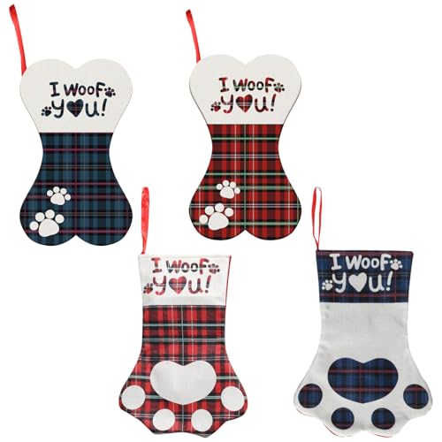 PLUSHCEWT 4 Stücke Hängende Weihnachtsstrumpf Haustierpfote Knochen Form Haustier Weihnachten Strumpf Urlaub Weihnachten Dekorationen Ornamente Sack Geschenk für Weihnachtsbaum Hund Katze Strümpfe von PLUSHCEWT