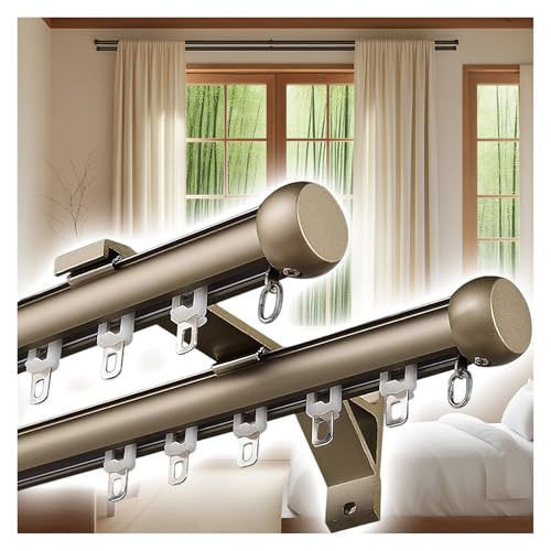 PLWUPE Doppelte Gardinenstange für Fenster, Robuste-Vorhangstange aus Aluminium mit Wandhalterungen, geräuschloses Vorhang Schienensystem für Wohnzimmer, Schlafzimmer(Sekt,140cm/4.59ft) von PLWUPE