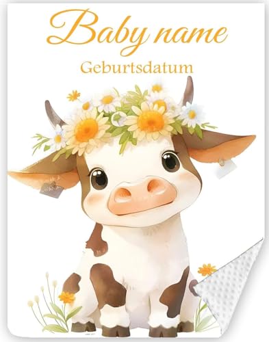 Babydecke mit Namen und Geburtsdatum kuschelig weich Baby Decken Neugeborenen,Flauschige Warme Krabbeldecke für Kinder Kleinkinder Mädchen Junge Baby Shower Deko Babyparty(Kalb) von PLYIHE