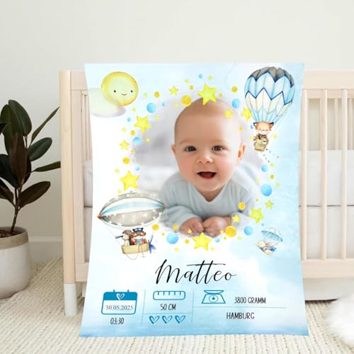 PLYIHE Personalisierte Babydecke mit Foto Namen Geburtsdatum,Baby Kuscheldecke Personalisiert Geschenk zur Geburt,Taufe Geburtstag Kuschelig Weich Baby Decke für Jungen & Mädchen von PLYIHE