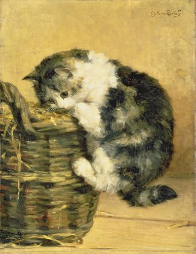 PMEFGJDPE Bekannt Poster Kunstdrucke Porträts Wandkunst Katze mit Korb von Charles Van Den Eycken Leinwand Ölgemälde für Heimtextilien 60x90cm von PMEFGJDPE