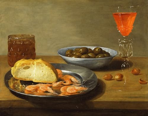 PMEFGJDPE Berühmte Gemälde Deko Kunstdrucke Bilder Tier Poster ein Teller mit Garnelen und ein Brötchen und eine Schüssel mit Oliven von Jacob Foppens Van Es für Wohnzimmerdekoration 60x90cm von PMEFGJDPE