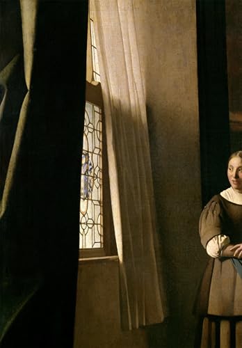 PMEFGJDPE Berühmte Gemälde Leinwand Wandkunst Malerei Wandkunst Dame schreibt einen Brief mit ihrer Magd von Jan Vermeer Van Delft Mode Leinwand Malerei für Office Home Decor 60x90cm von PMEFGJDPE