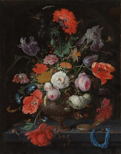PMEFGJDPE Berühmte Gemälde Poster Kunstdrucke Porträts Wandkunst Stillleben mit Blumen und einer Uhr von Abraham Mignon Leinwand Ölgemälde für Heimtextilien 60x90cm von PMEFGJDPE