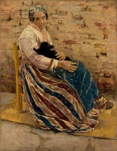 PMEFGJDPE Berühmte Gemälde Poster Wandbilder Gemalde Kunst Poster Eine alte Frau mit Katze von Max Liebermann Vintage Leinwandkunst für Schlafzimmer Home Decor 60x90cm von PMEFGJDPE