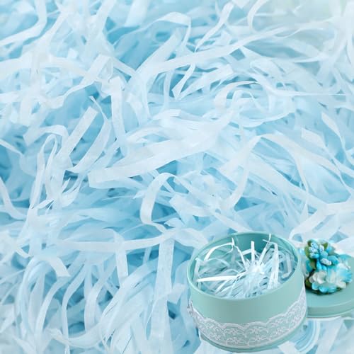 PMELCXD 200g Shredded Tissue Paper Raffia Hamper Shreds Raffia Grass Filling Material for Baskets, Gift Box Filling Paper, Basket Grass, DIY and Gift Wrapping for Gift Box Decoration (Light Blue) von PMELCXD