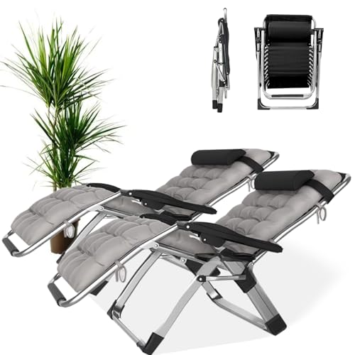 PMFRUG Relaxsessel Outdoor，Gartenliege Extra Hohe Sitzhöhe Sonnenliege Liegestuhl bis 200kg Belastbar Balkon Relaxsessel Gartenstuhl mit Fußteil (B-mit Grauem Kissen, 2er Set) von PMFRUG