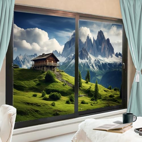 Rustikale Landschaft Fenster Sichtschutzfolie Statisch Haftend Moderne Berghütte Natur Landschaft Milchglasfolie Buntglas Wärmeregulierung Abdeckungen für Badezimmer Wohnzimmer 70 x 120 cm x 2 Stück von PMLBAOUS