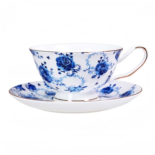 PMNING Teetasse und Untertasse im königlichen Garten-Stil, Tee-/Kaffeetasse mit Untertasse, 200 ml, Knochenporzellan, Teetasse und Untertasse (blaue Blume) von PMNING