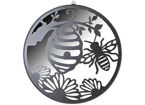 PMS Hängender Gartenspiegel Biene & Blume Design - Runder Außenwandspiegel mit Metall- & PVC-Rahmen - Natur inspirierter Bienenstock Garten Dekor für Zäune, Terrassen & Balkon von PMS