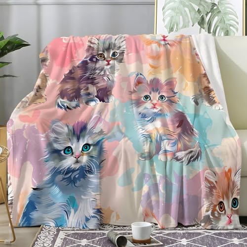 PNHCL Kuscheldecke Flauschig Decke Ölgemälde Kätzchen - Regenbogen-Katzenparty Zimmer Deko Fleecedecke - Cozy Furry Flanell Wohndecke Ideal als Sofadecke oder Tagesdecke 100x150 A48 von PNHCL