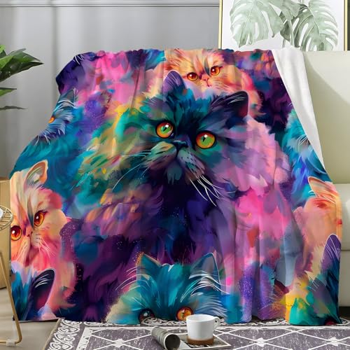 PNHCL Kuscheldecke Flauschig Decke Ölgemälde Katze - Neonkatze Zimmer Deko Fleecedecke - Cozy Furry Flanell Wohndecke Ideal als Sofadecke oder Tagesdecke 160x200 A49 von PNHCL