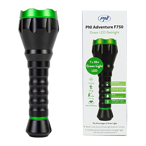 PNI Adventure F750 Green Light Aluminium Taschenlampe, LED 10W, 500lm, bis zu 850m, IP44, 4000mAh Batterie im Lieferumfang enthalten, Aufladen über USB Typ-C, perfektes grünes Licht für die Jagd von PNI