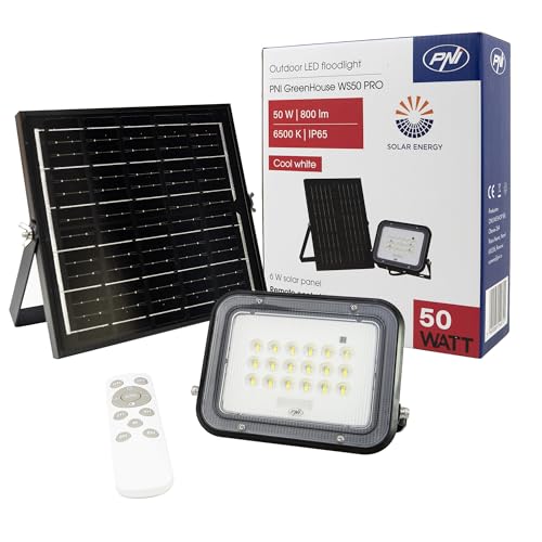 PNI Greenhouse WS50 PRO 50W LED floodlight with 6W Solar Panel, 5000mAh Battery, 800lm, Remote Control, Timing and Adjustable Brightness, 6500 K, IP65, Black PNI Greenhouse WS50 PRO 50W LED floodlight with 6W Solar Panel, 5000mAh Battery, 800lm, Remote Control, Timing and Adjustable Brightness, 6500 K, IP65, Black von PNI