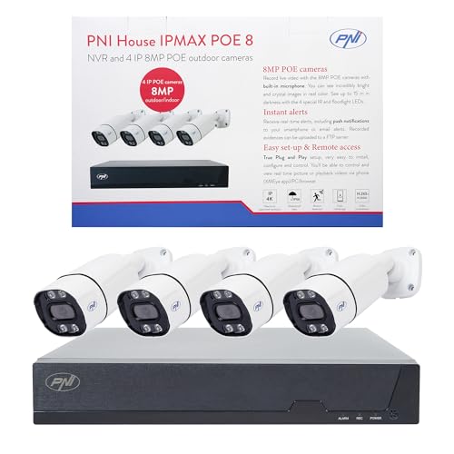 PNI House IPMAX POE-8 Videoüberwachungsset mit NVR und 4 IP-Kameras, 8MP Auflösung, Nachtsicht, Bewegungserkennung, IP66 wasserdicht, kompatibel mit IP-Technologie von PNI
