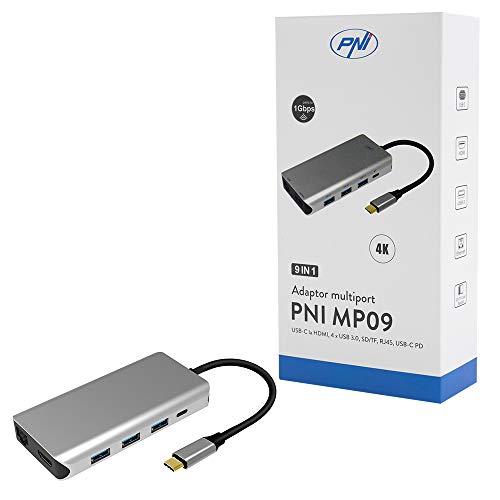 PNI Multiport-Adapter MP09 USB-C zu HDMI, 4 x USB 3.0, SD/TF, RJ45, USB-C PD, 9 Ausgänge von PNI