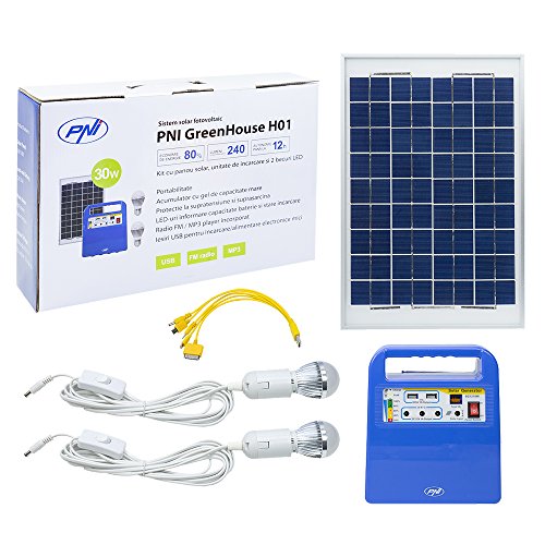 Solarpanel Tragbarer Solarstrom-Stromerzeuger PNI GreenHouse H01 30W mit 12V / 7Ah Batterie, USB/Radio / MP3, 2 LED-Lampen von PNI