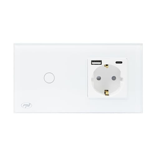 PNI SH115W Einglasschalter mit Touchfunktion, kombiniert mit Schuko-Steckdosen und USB-Anschlüssen von PNI