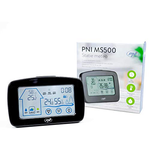 Wetterstation PNI MS500 mit drahtlosem externen Sensor, zeigt Temperatur und Luftfeuchtigkeit im Innen- und Außenbereich sowie Speicher für minimale und maximale Klimawerte an von PNI