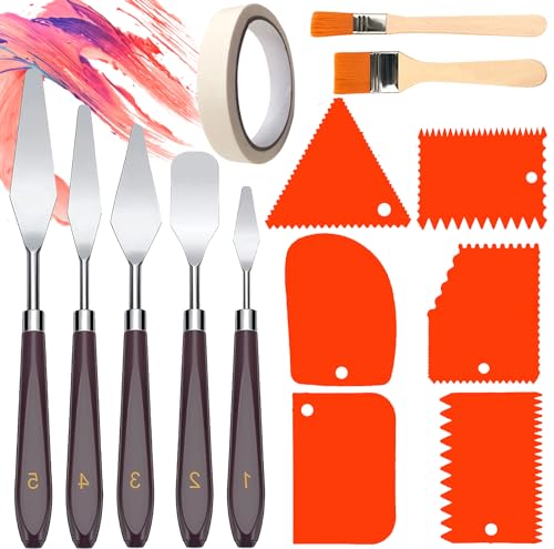 14 Pcs Palette Messer Set,5 Stücke Malmesser Set mit 6 Stück Zahnspachtel und 2 Flachpinsel,1 Abdeckband,Palettenmesser Malwerkzeuge,Malmesser,Edelstahl Acryl Spachtel zum Ölgemälde,Gouache,Aquarell von PNITVOAR