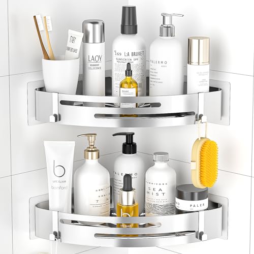 PNNP Duschablage Ohne Bohren Ecke: Duschrega Edelstahl 2 Stück Duschkorb Selbstklebend Mit 4 Haken Badezimmer Regal für dusche aufbewahrung Shampoo und Duschgel (Silber) von PNNP
