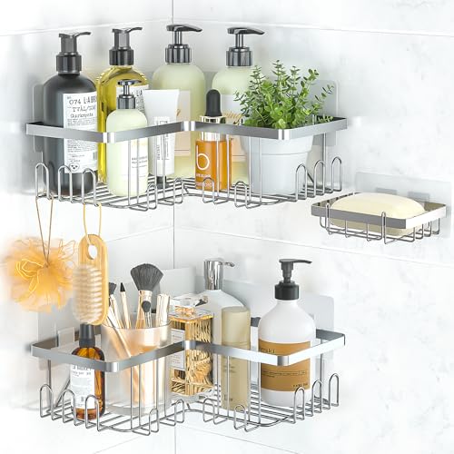 PNNP Duschablage Ohne Bohren Ecke: Duschregal Silber - Badezimmer Regal Edelstahl mit Seifenschale 3 Stück Selbstklebend Shampoo Halterung für Dusche von PNNP
