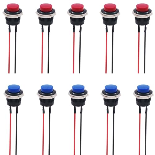 PNOOFR 10 Stück Mini Rund Momentary Taster, 2 Pin Runder Druck Schalter, Vorverkabelt Mini Momentan Druckknopf, für Horn KFZ Auto Armaturenbrett DIY PC Tischlampe Haushaltsgeräte (Blau+Rot) von PNOOFR