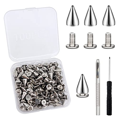 PNOOFR 100 Stück Silber Punk Nieten Rostfrei Ziernieten DIY Nieten zum Schrauben Spikes Spitznieten 1 Stück Locher und 1 Stück Pflaumenschraubendreher für Kleidung Spitz Leder Taschen Lederhandwerk von PNOOFR