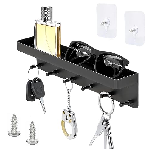 PNOOFR Schlüsselbrett Ohne Bohren Schwarz Schlüsselablage Magnetisches Schlüsselbrett Schlüsselbrett mit Ablage und 6 Haken für Schlüssel Aufbewahrung an Eingang Hängen Küchenbesteck von PNOOFR