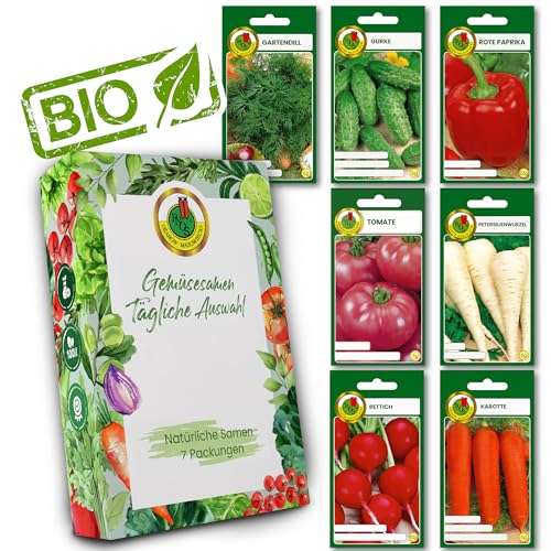 Gemüse Samen Set 7 Premium Sorten Gemüse Saatgut für Gewächshaus Garten Balkon Küche Hochbeet. Dill Gurke Rote Paprika Rettich Tomate Petersilie Zucchini Karotte Anzuchtset Samen Gemüse Pflanzen von PNOS OŻARÓW MAZOWIECKI