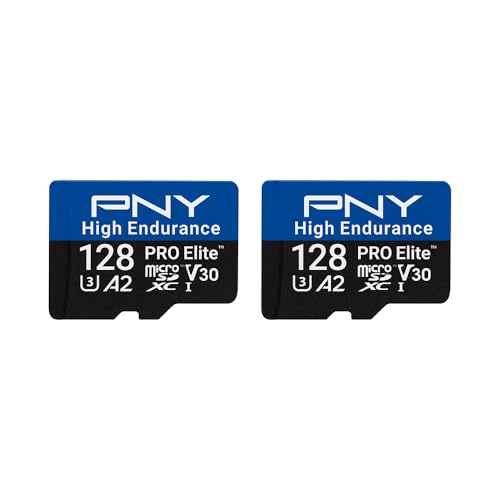 PNY 2x128GB PRO Elite™ High Endurance C10 U3 V30 A2 microSDXC-Flash-Speicherkarte – bis zu 100/90 MB/s Lesen/Schreiben, 4K UHD, Full HD, UHS-I, Überwachung, Heimsicherheit, Dashcam von PNY