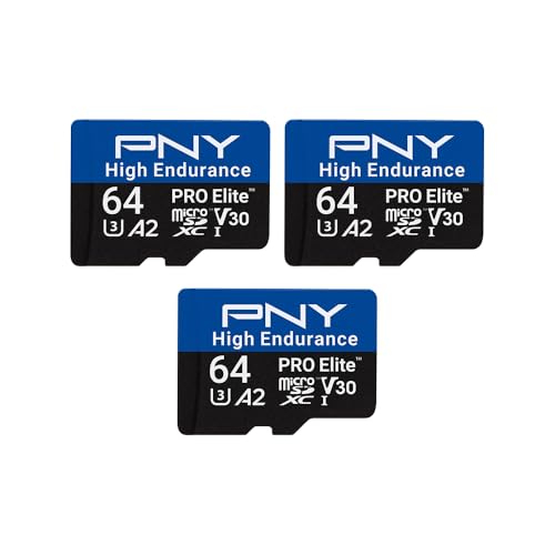 PNY 3x64GB PRO Elite™ High Endurance C10 U3 V30 A2 microSDXC-Flash-Speicherkarte – bis zu 100 MB/s Lesegeschwindigkeit, 4K UHD, Full HD, UHS-I, Überwachung, Heimsicherheit, Dashcam von PNY