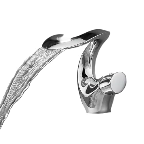 1 Loch Einhebel Wasserfall Wasserhahn for Badezimmer moderner Waschbecken Waschtisch Wasserhahn aus Messing mit Heiß Kaltwassermischer(Silver) von POADGBCN