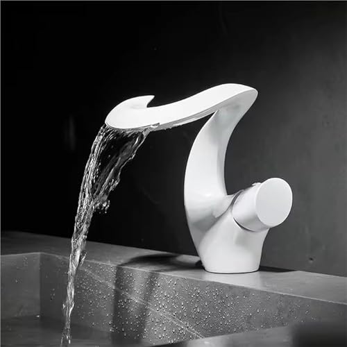 1 Loch Einhebel Wasserfall Wasserhahn for Badezimmer moderner Waschbecken Waschtisch Wasserhahn aus Messing mit Heiß Kaltwassermischer(White) von POADGBCN