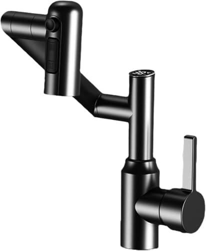 1080° Schwenkbarer Wasserhahn for Badezimmerwaschbecken Digitale LED Temperaturanzeige Einhebel Waschtischarmatur Großer Winkel Drehbrause(Black) von POADGBCN