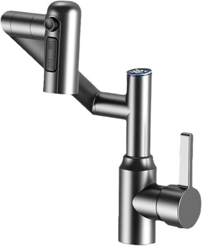 1080° Schwenkbarer Wasserhahn for Badezimmerwaschbecken Digitale LED Temperaturanzeige Einhebel Waschtischarmatur Großer Winkel Drehbrause(Gray) von POADGBCN