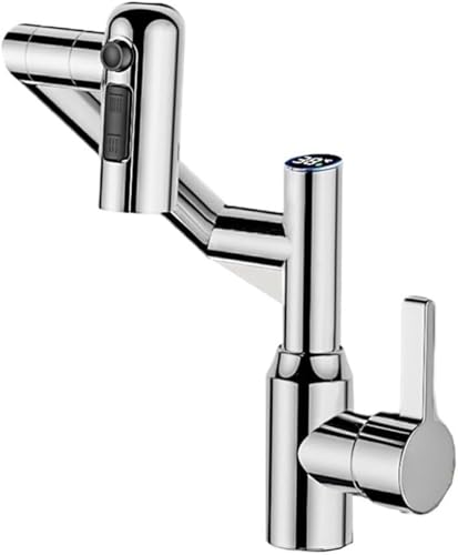 1080° Schwenkbarer Wasserhahn for Badezimmerwaschbecken Digitale LED Temperaturanzeige Einhebel Waschtischarmatur Großer Winkel Drehbrause(Silver) von POADGBCN