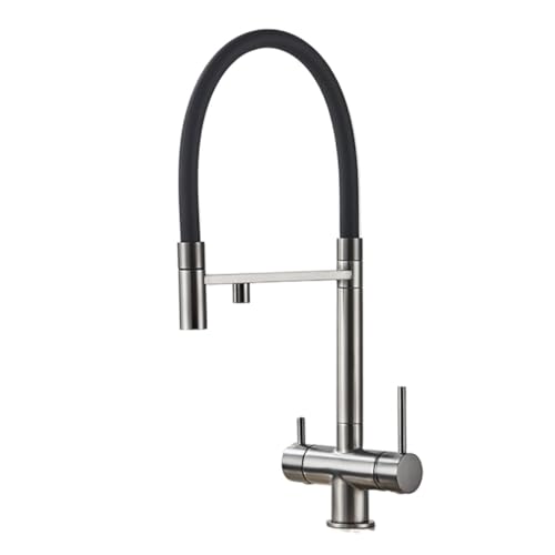 2 in 1 Küchenarmatur aus Messing mit ausziehbarem Auslauf Wasserfilter Luftreiniger 2 Griff Mischbatterie mit 360°Schwenkfunktion for Wohnmobil Bar(Gray) von POADGBCN