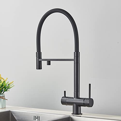 2 in 1 Küchenarmatur aus Messing mit ausziehbarem Auslauf und Wasserfilterreiniger 2 Griff Mischbatterie mit 360°Schwenkfunktion for die Spüle(Black) von POADGBCN