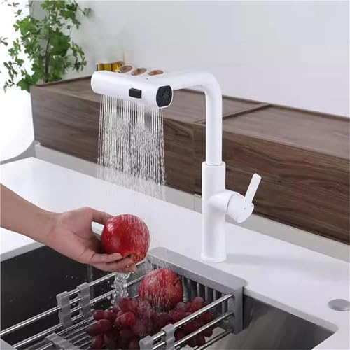 3 Modus Wasserfall Küchenarmatur mit ausziehbarer Brause 360° drehbarer Edelstahlhahn Einhebel Heiß Kalt Mischer(White) von POADGBCN