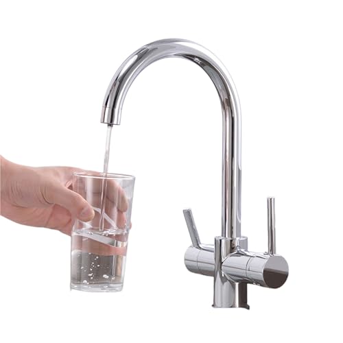 3 Wege Küchenarmatur aus langlebigem Messing mit 360°Schwenkauslauf Zweigriff Mischbatterie for Warm und Kaltwasser for die Spüle(Silver) von POADGBCN