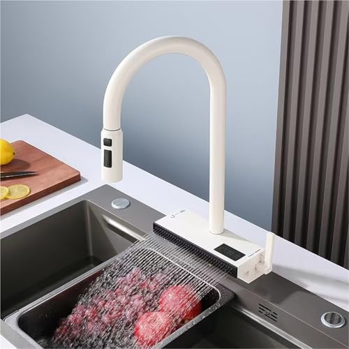 Ausziehbarer Küchenhahn mit Wasserfall 4 Modi mit digitaler Temperatur Zeitanzeige 360° drehbar moderner Mischbatterie for heißes und kaltes Wasser(Milky white) von POADGBCN