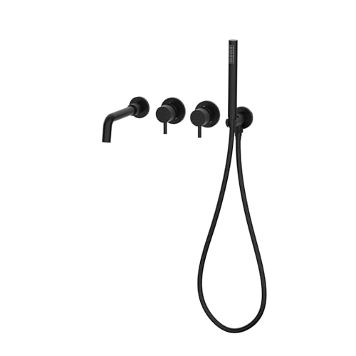 Badezimmer Duscharmatur Set Wandmontage Doppelgriff Badewannenmischer mit Handbrause Umschaltventil(Black) von POADGBCN