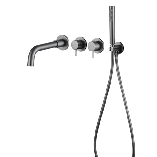 Badezimmer Duscharmatur Set Wandmontage Doppelgriff Badewannenmischer mit Handbrause Umschaltventil(Gray) von POADGBCN