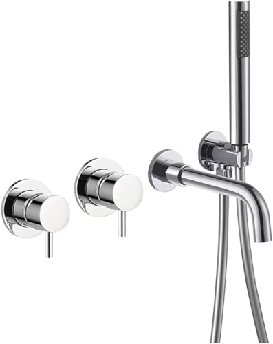 Badezimmer Duscharmatur Set Wandmontage Doppelgriff Badewannenmischer mit Handbrause Umschaltventil(Silver) von POADGBCN