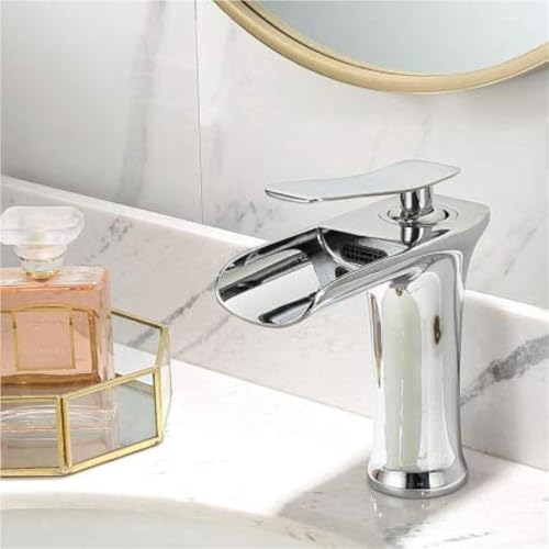 Badezimmer Küche langlebig Messing Wasserfall Wasserhahn moderne Waschbecken Wasserhahn mit heißem kaltem Wasser(Bright silver,Short) von POADGBCN